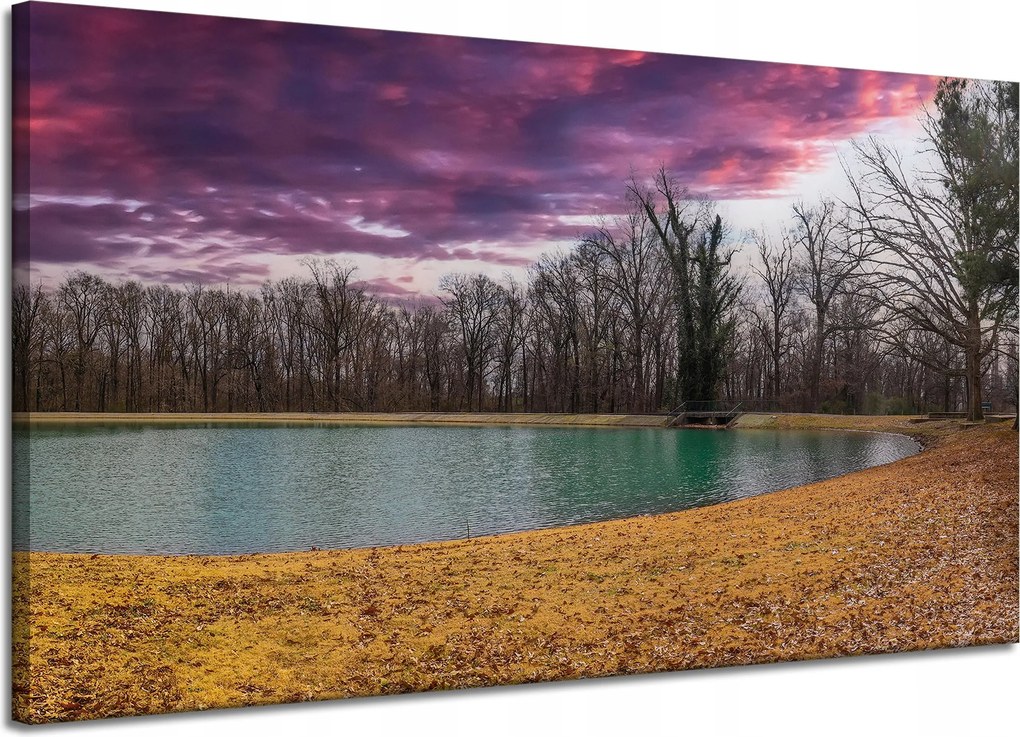 Vászonkép Lila ég tó fák Ősz 120x70 cm
