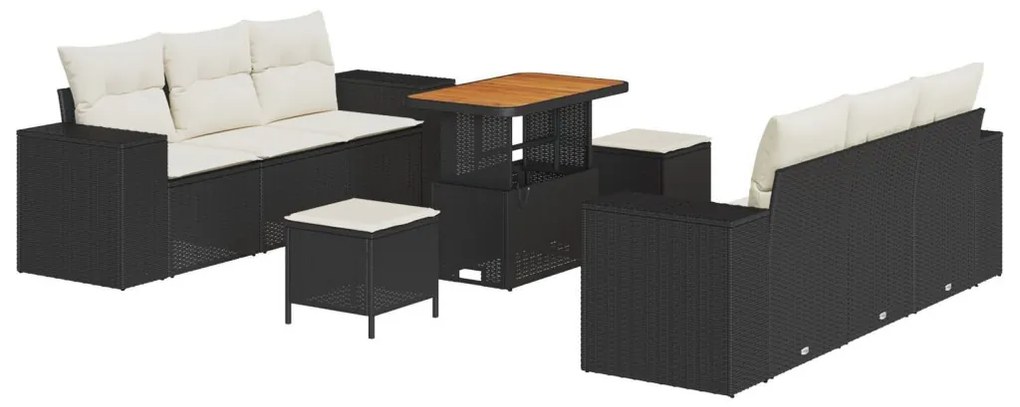 9 darabos kertikanapészett párnákkal fekete poli rattan akáciából, 3 darabos kert étkezőszett párnákkal fekete poli rattan akáciából