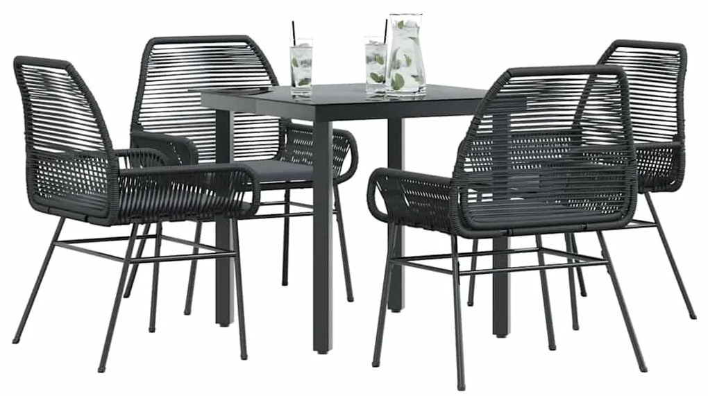 vidaXL 5 részes fekete polyrattan üveg kerti étkezőgarnitúra párnákkal