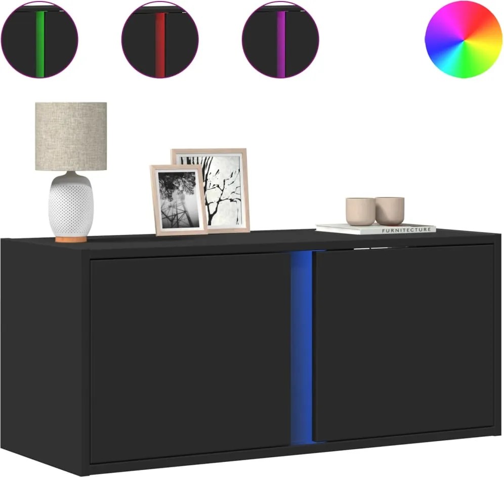 vidaXL fekete fali TV-szekrény LED-világítással 80x31x35 cm