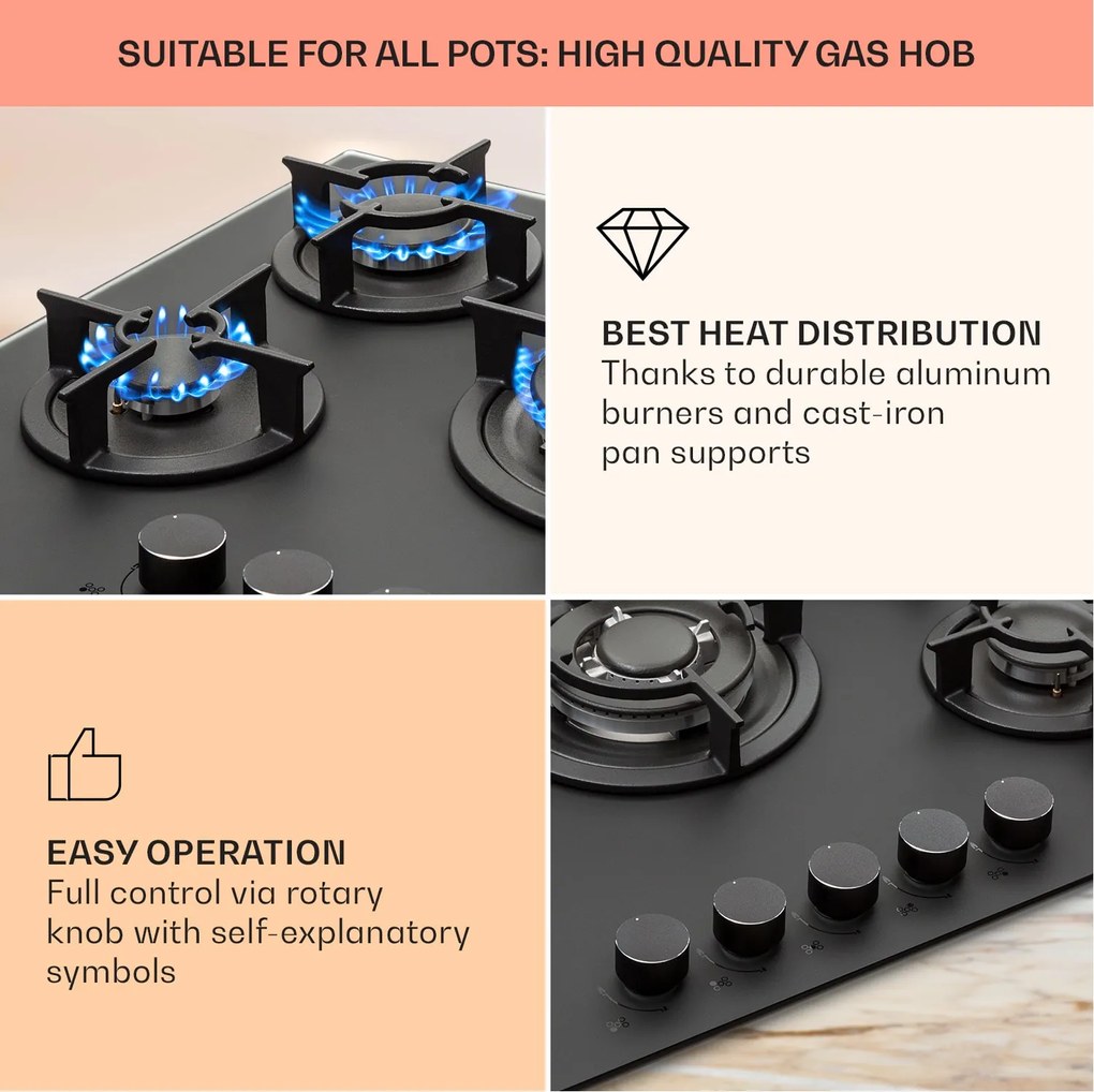 Klarstein Firetale, gázfőzőlap, 5 égő, 70 cm, alumínium égők, tömlővel és redukáló szeleppel