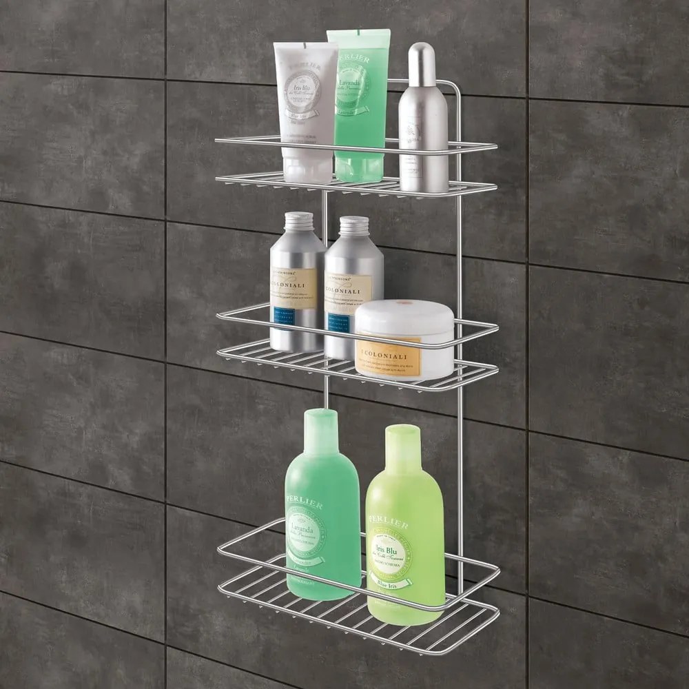 Fényes ezüstszínű függő öntapadós acél fürdőszobai polc Luxy – Metaltex