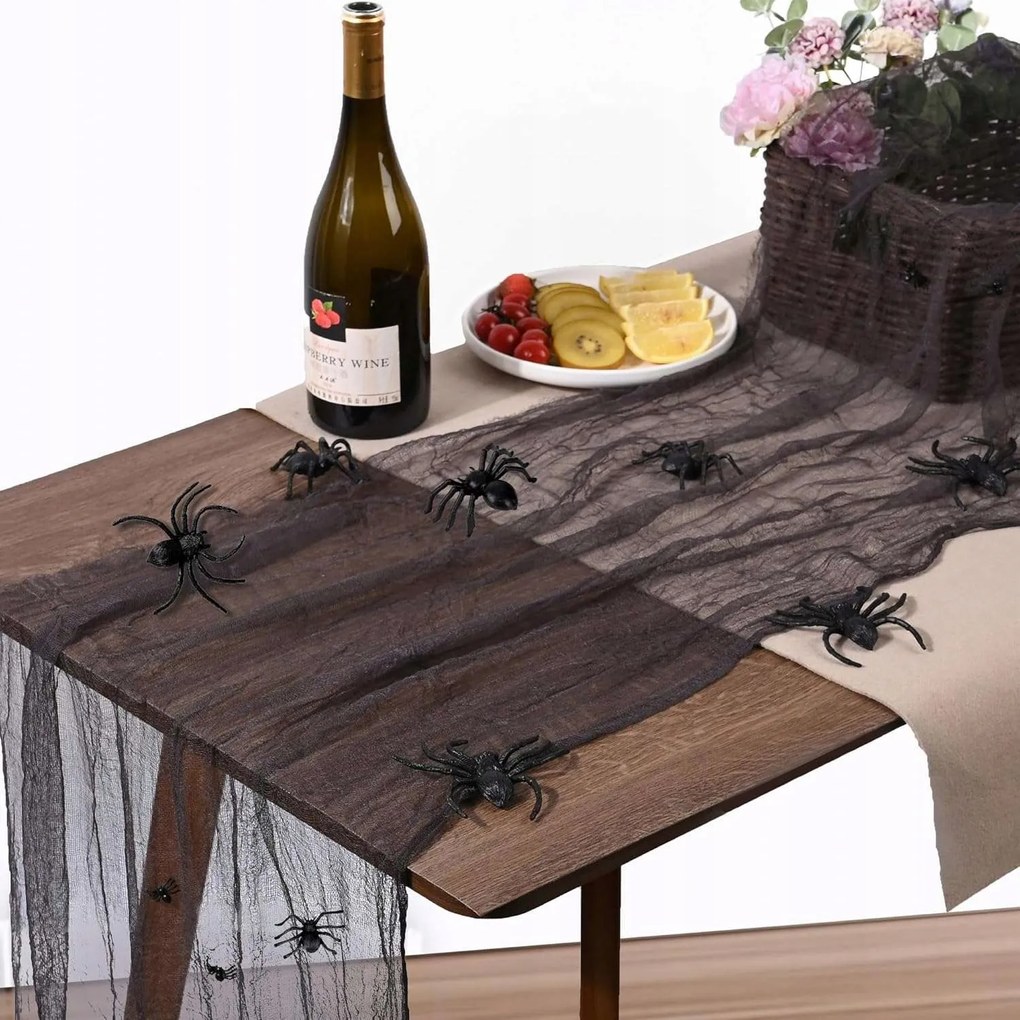 Asztalterítő Halloween pókháló 60x400 cm 12 pók dekoráció