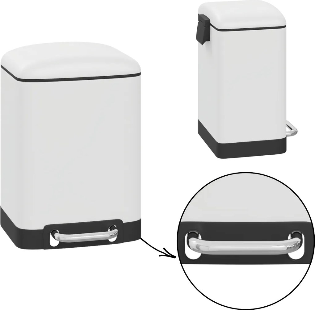 Hulladékgyűjtő Kosár 6L Konyha Fürdőszoba Fém Fehér Csendes Záródás