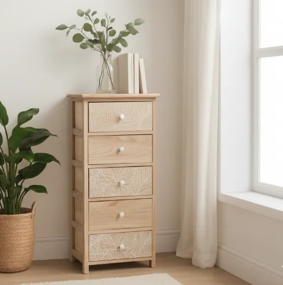 Komód LUIZA 5 fiókkal - boho design, 40 x 29 x 90 cm, 40 x 29 x 90 cm