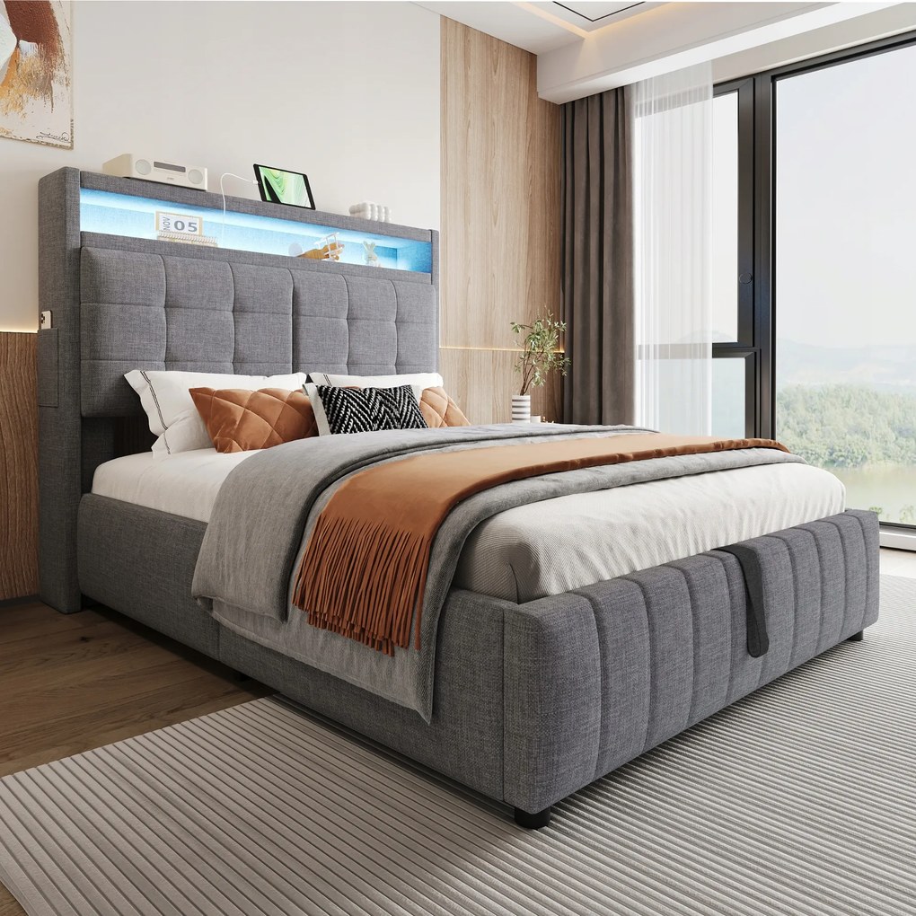 Kárpitozott ágy 140x200 Franciaágy Usb polc Led Hidraulikus szürke