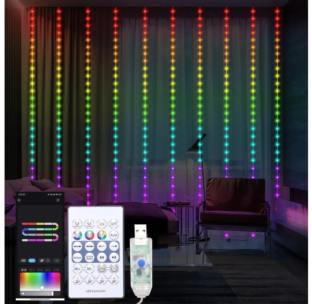 LED RGB Dimmelhető Karácsonyi függöny WIZARD 300xLED/USB 3x3m + távirányítás