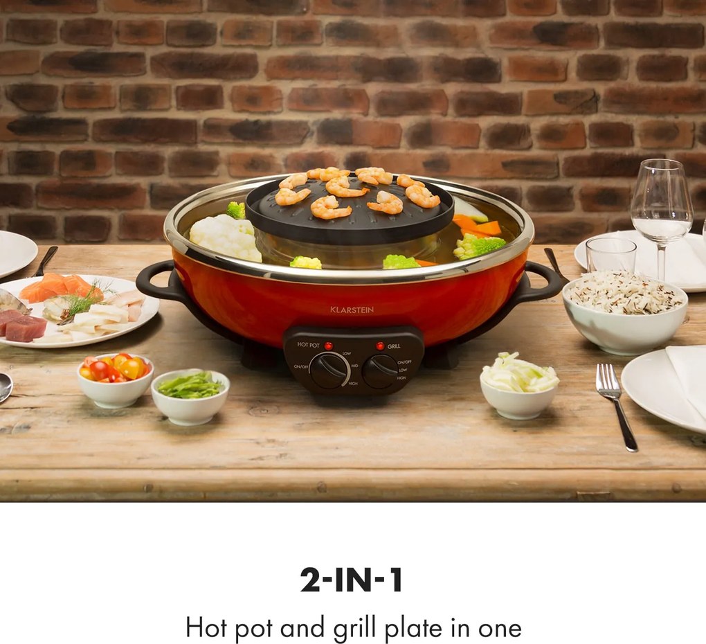 Klarstein Szechuan, hot pot és grill lemez, 5 l űrtartalom, 1350 W, 600 W, piros