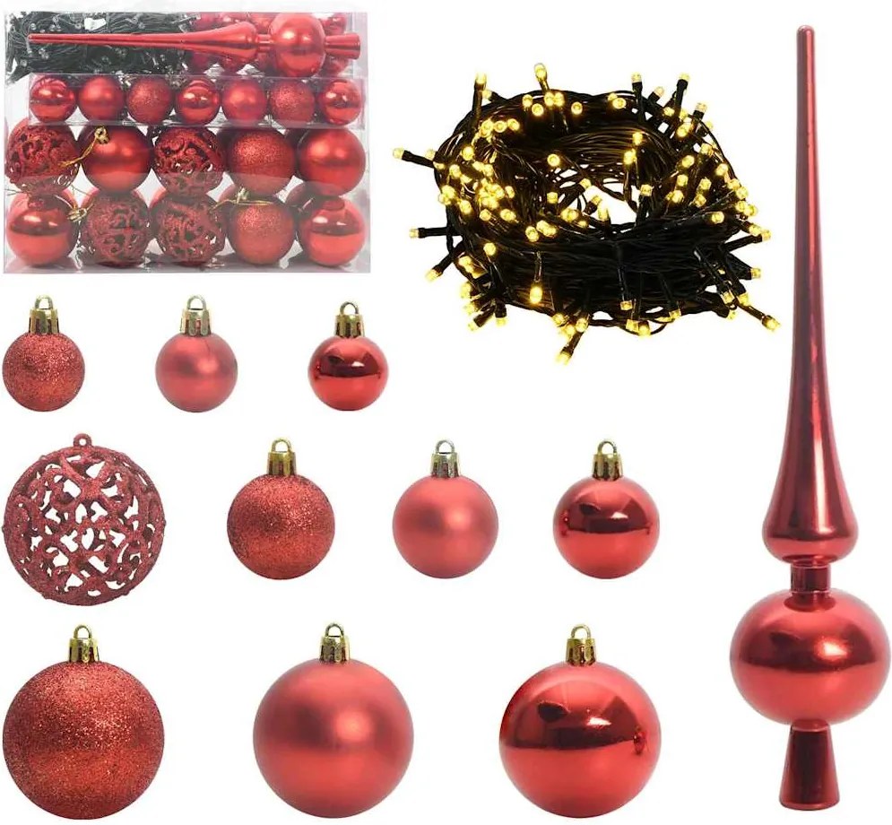 vidaXL Karácsonyi Díszgömb Készlet 150 LED-del 61 pcs Piros Műanyag