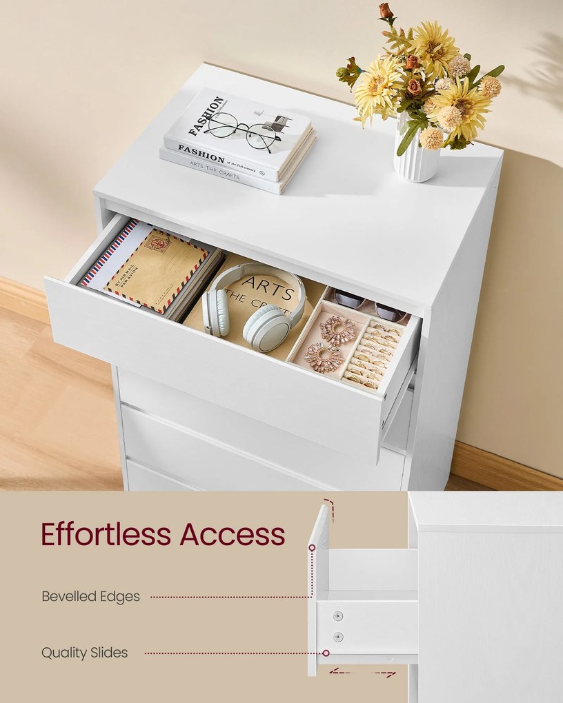 KAILYN kollekció - Modern komód, hófehér fiókos szekrény 5 fiókkal, 40 x 60 x 97,4 cm