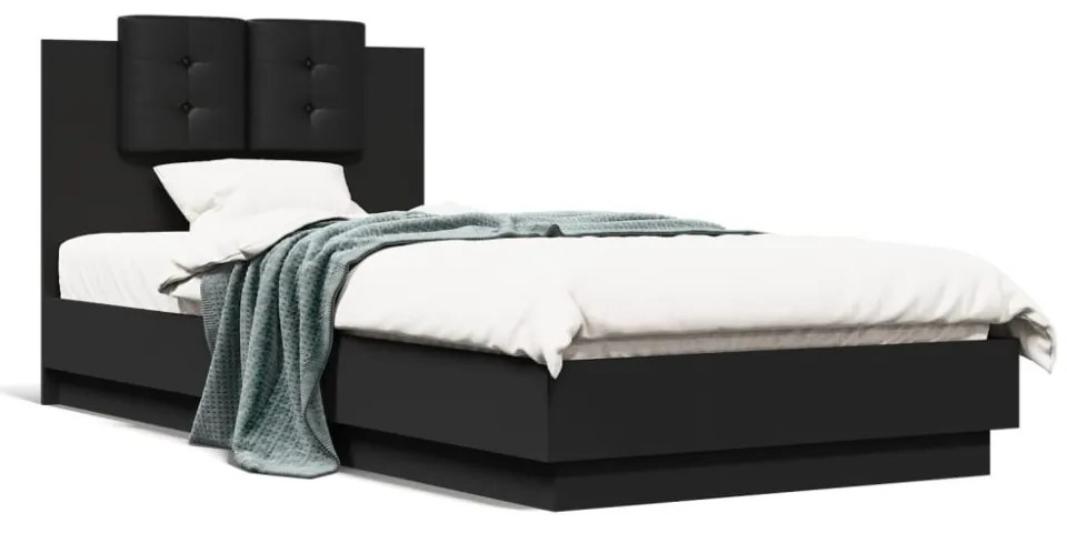fekete szerelt fa ágykeret fejtámlával 90 x 200 cm