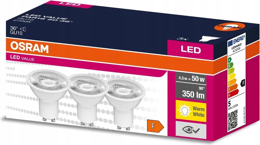 3x Led izzó GU10 4,5W 50W 350lm 2700K Meleg 36° Osram Value