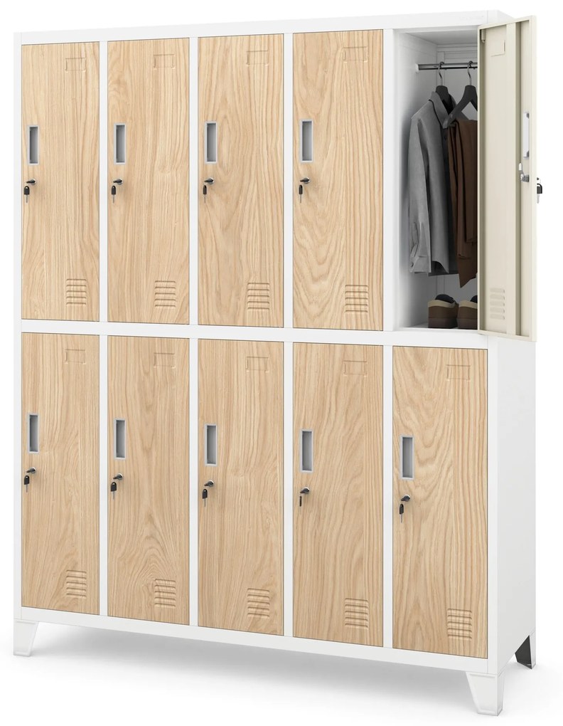 Pléh öltözőszekrény lábakon, 10 rekeszes BARTEK, 1360 x 1720 x 450 mm, Eco Design: fehér/ sonoma tölgy