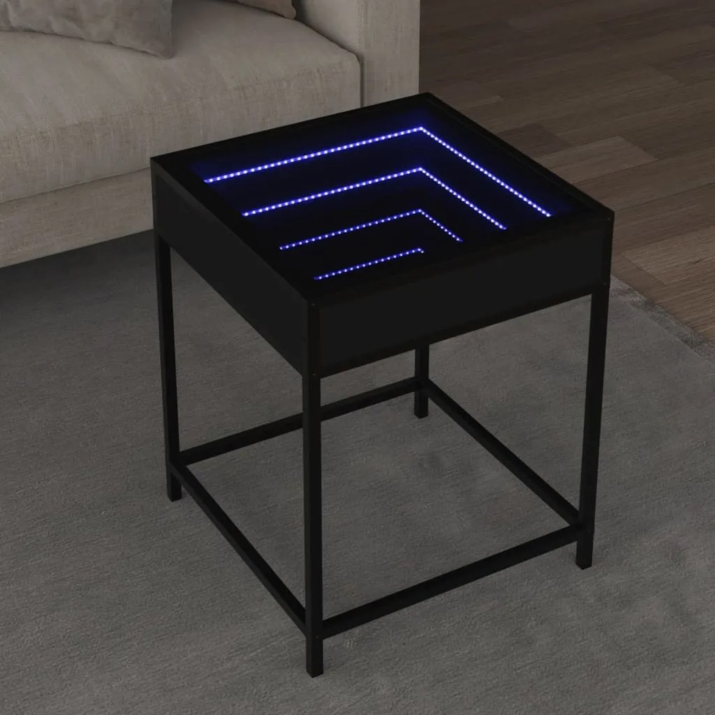 Fekete végtelen hatású LED-es dohányzóasztal 40 x 40 x 51 cm