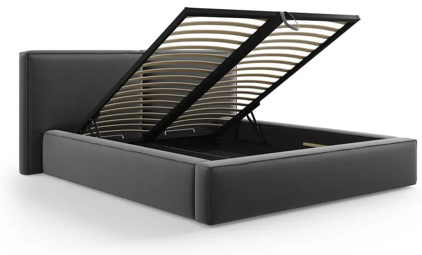 Sötétszürke bársony kárpitozott ágyneműtartós franciaágy ágyráccsal 200x200 cm Arendal – Cosmopolitan Design