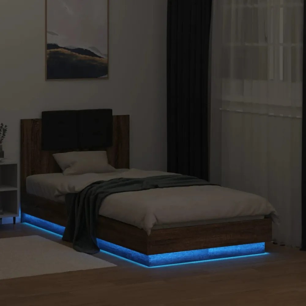 barna tölgy színű ágykeret fejtámlával és LED-ekkel 75 x 190 cm