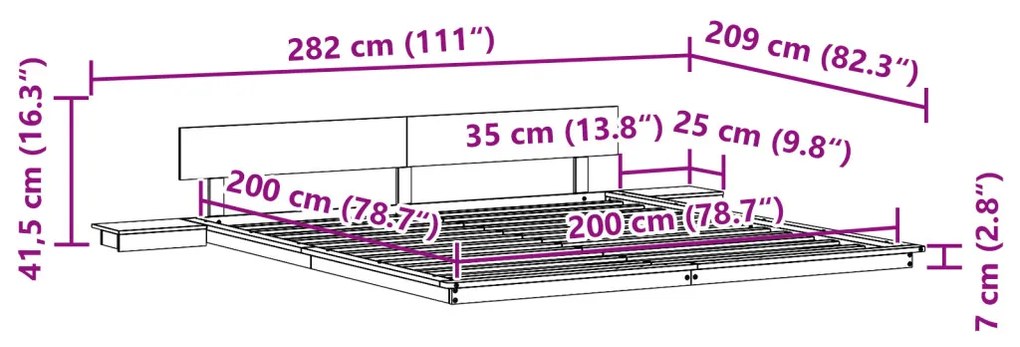 Padlói Ágykeret Éjjeli Asztalokkal 200x200cm Tömör Fa
