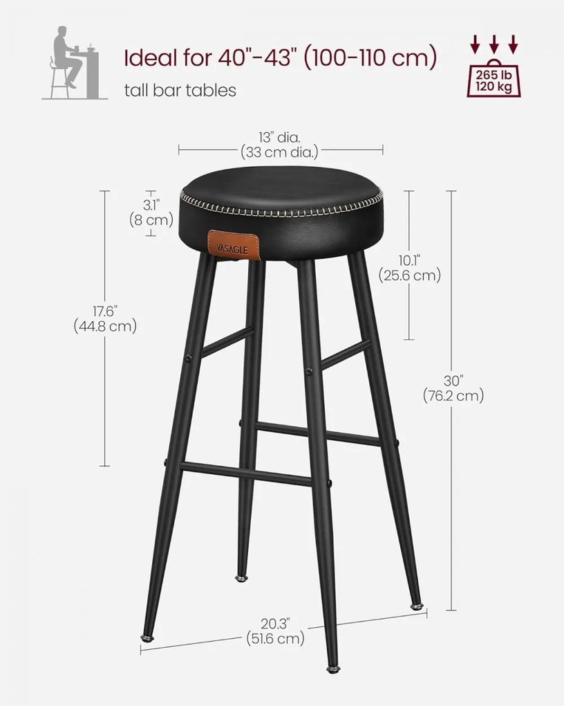 ECHO Bárszék 2 db, varrott műbőr borítás, fekete, 76 cm magas