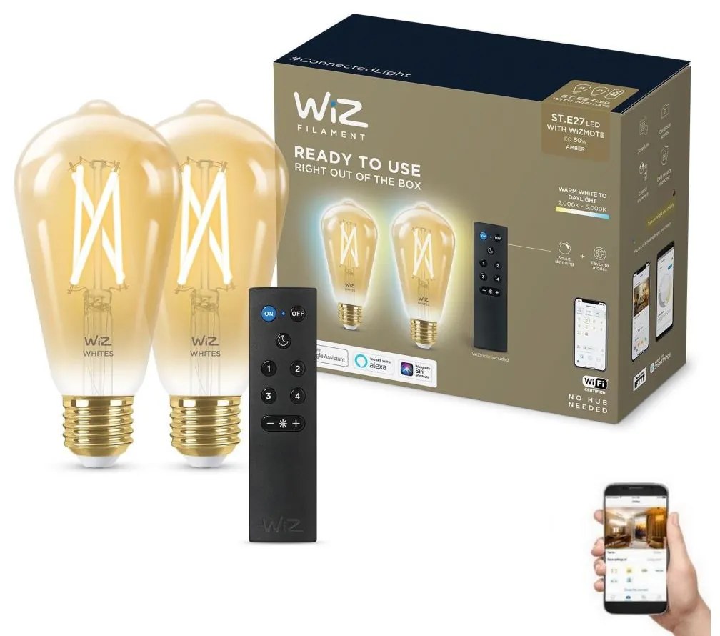 WiZ KÉSZLET 2xLED Dimmelhető izzó ST64 E27/7W/230V 2000-5000K CRI 90 Wi-Fi + távirányító-WiZ WI0152