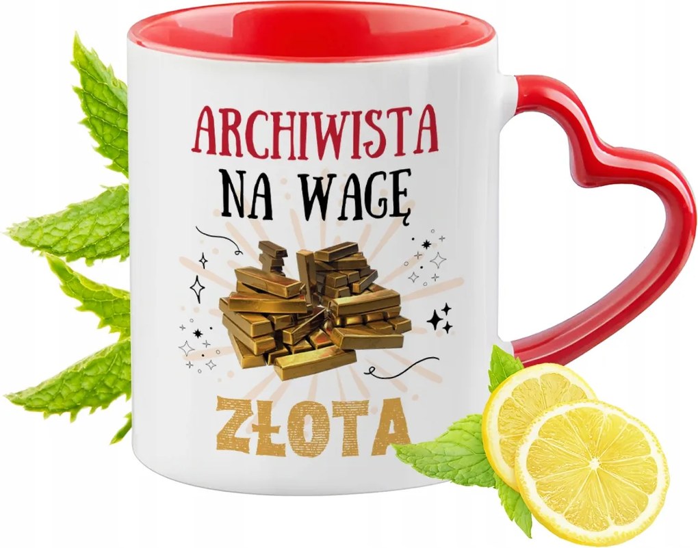 Piros bögre szív alakú füllel levéltárosnak ajándékba