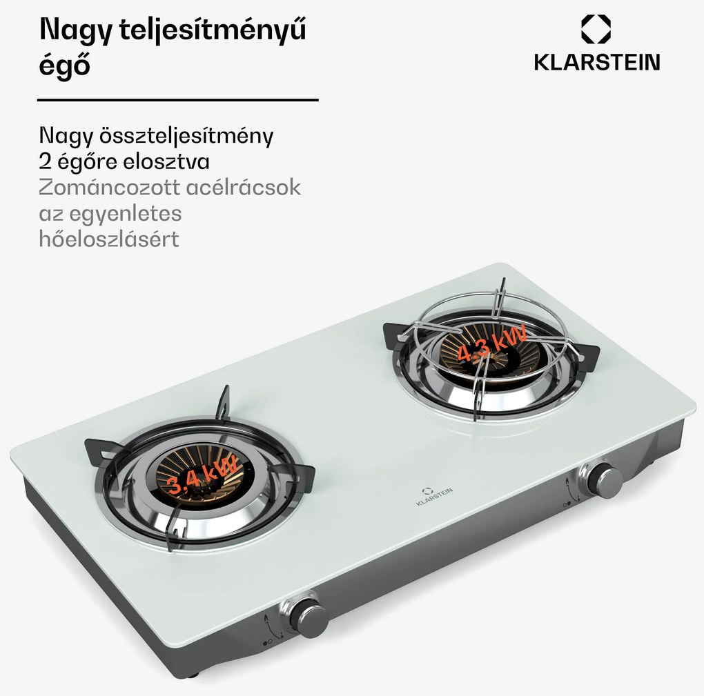 Klarstein Barzona kempingtűzhely, 2 égő, 3,4 kW & 4,3 kW, gázüzemű kettős égő, rozsdamentes acél, mobil