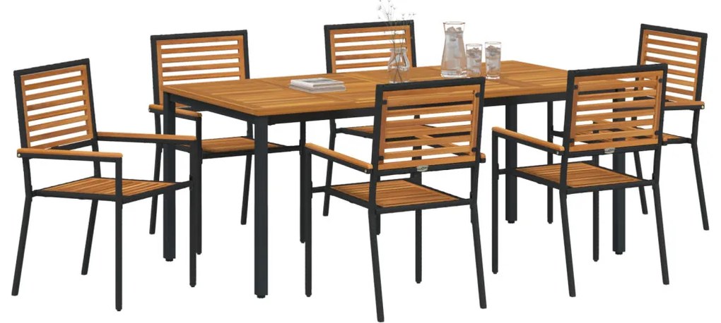 7 részes kerti étkező garnitúra Fekete Poli Rattan Akác, Egymásra rakható kerti székek párnákkal 2 db Fekete Poli Rattan, Kerti asztal 180x90x75 cm Szilárd Akácfa és Fém