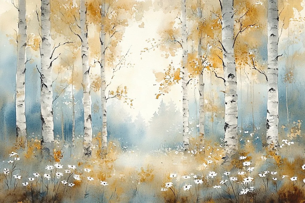 Fotótapéta Flizelina Grafika Tájkép Erdő Fák Nyírfák Virágok 368x254 ragasztó