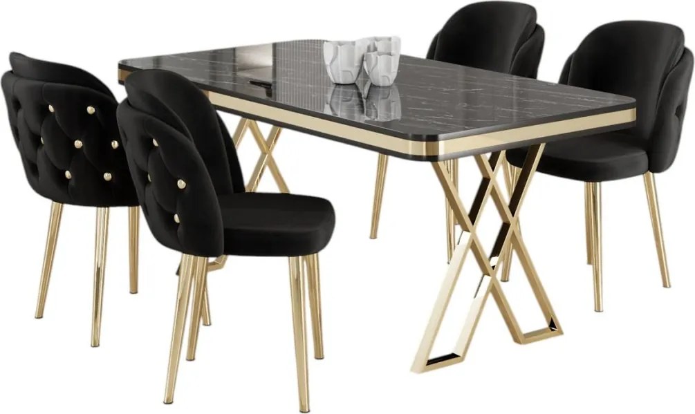 Rigel étkezőgarnitúra, fekete márvány-arany, 130 cm – TR240CHR2234
