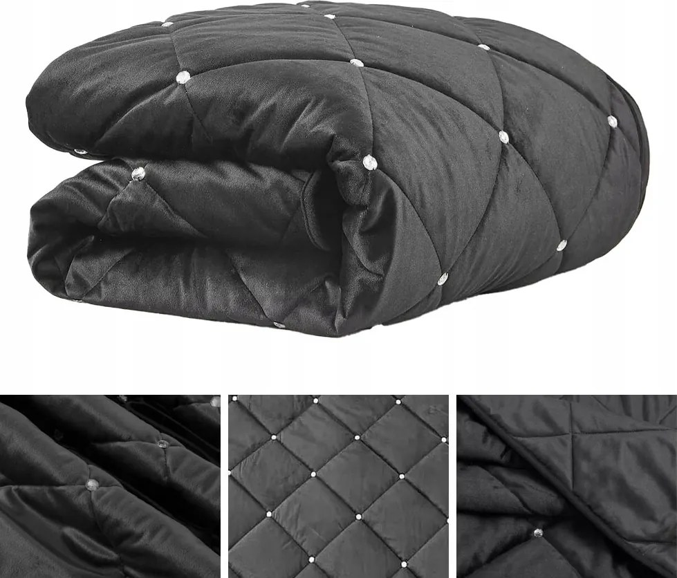 Ágytakaró 200x220 Fekete, strasszokkal steppelt Vastag velúr