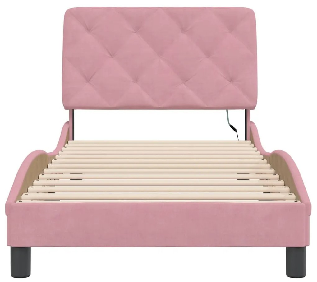rózsaszín bársony ágykeret LED-ekkel matrac nélkül 90 x 200 cm