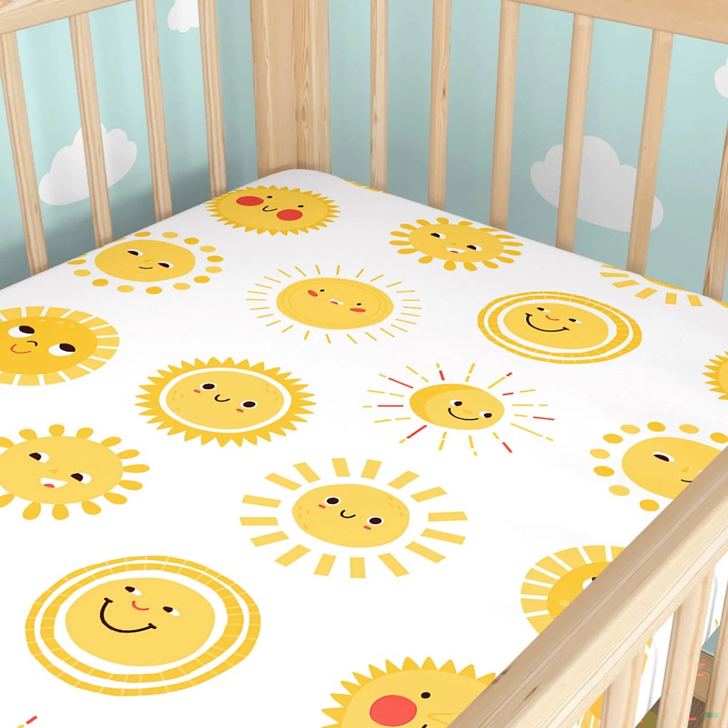 Goldea gyermek gumis pamut lepedő kiságyba - mosolygós napocskák 60 x 120 cm