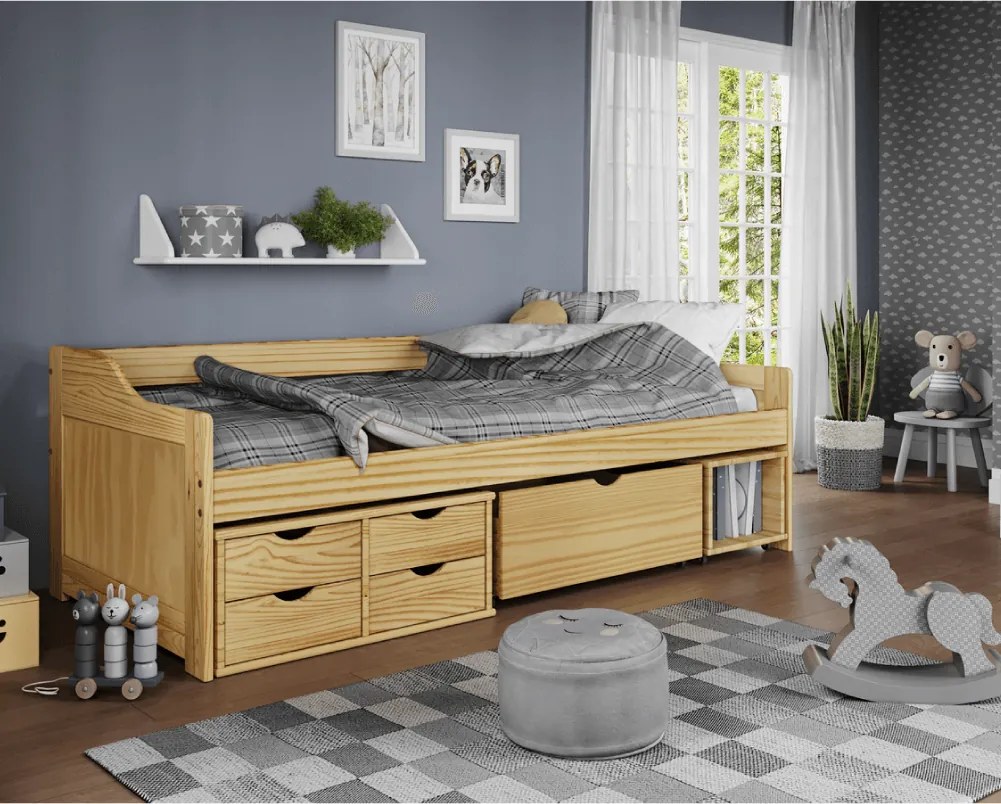 Ágy tárolóhellyel, természetes, tömörfa, 90x200, MAXI NEW