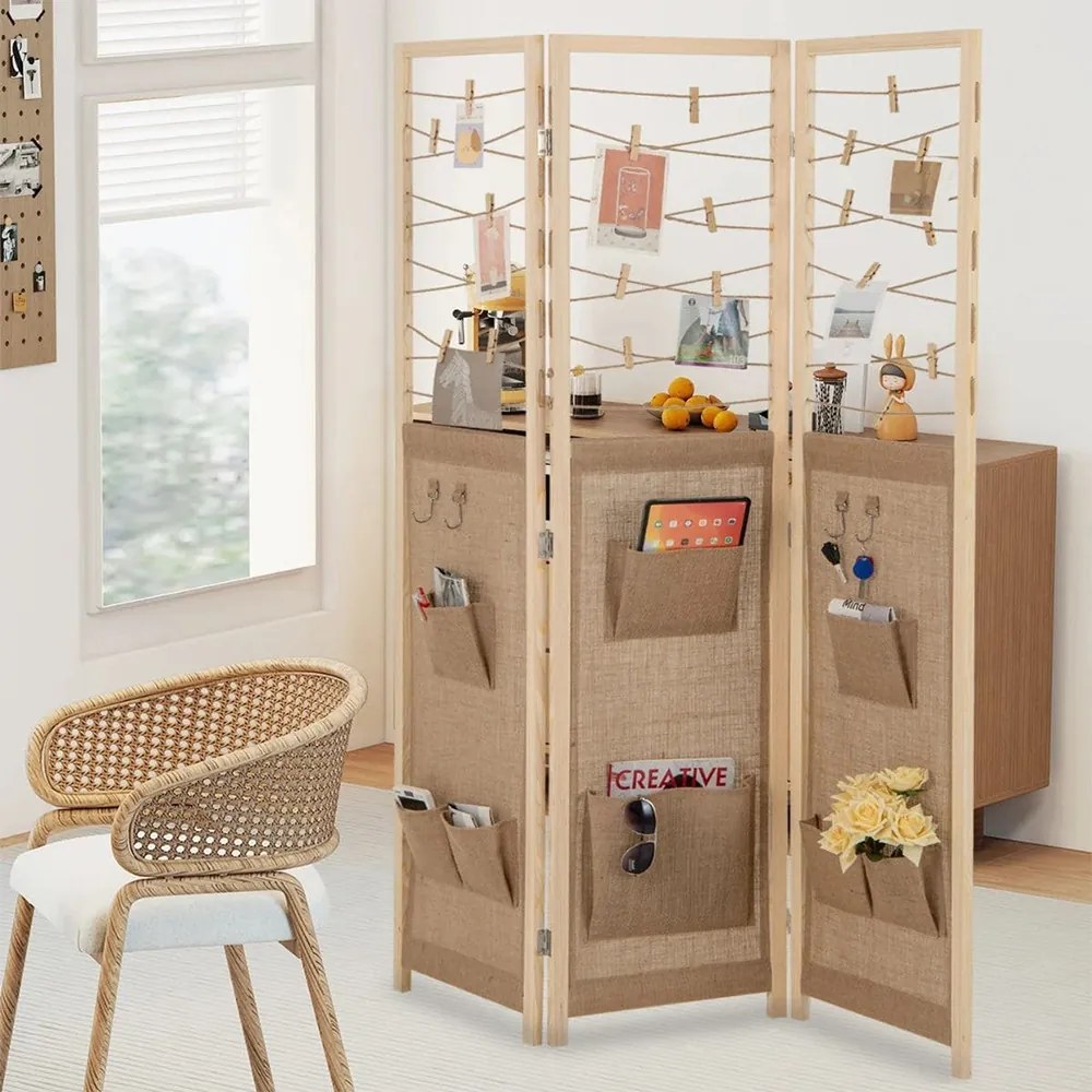 3 paneles paraván 8 tárolórekesszel és 4 akasztóval, natúr