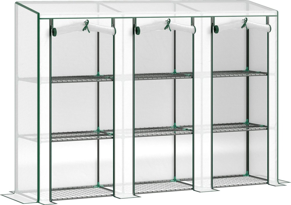 Outsunny 3 polcos PVC kerti mini üvegház acélvázzal, 2 felhajtós cipzáras ajtó — 215 x 46 x 151 cm, fehér | Aosom