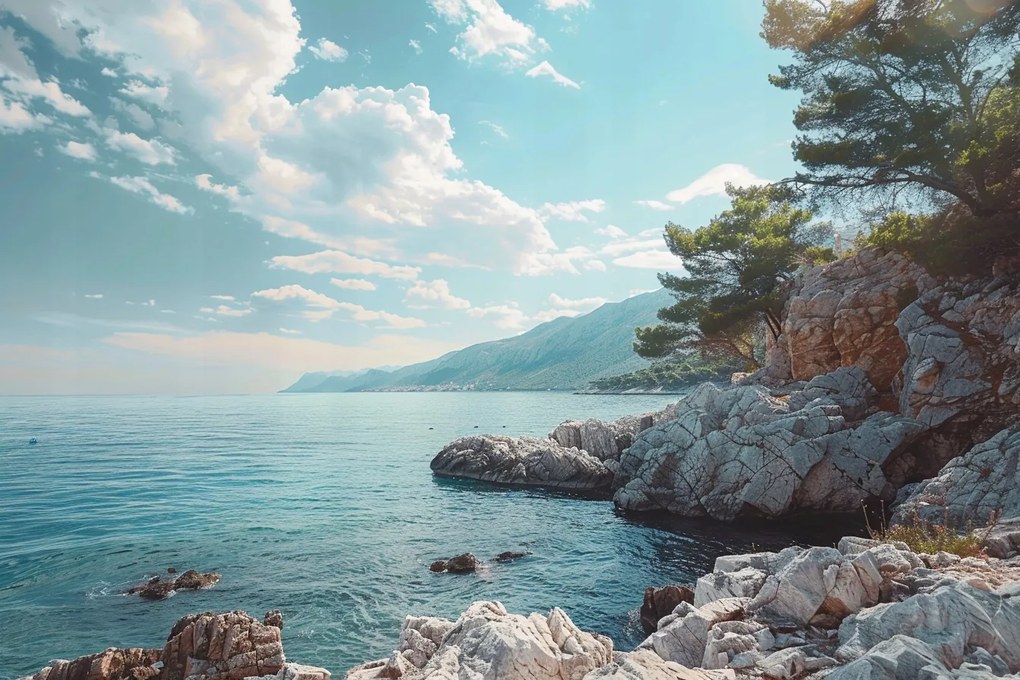 Vászonkép Canvas Tájkép Tengerpart Sziklák Tenger Hegyek 120x80