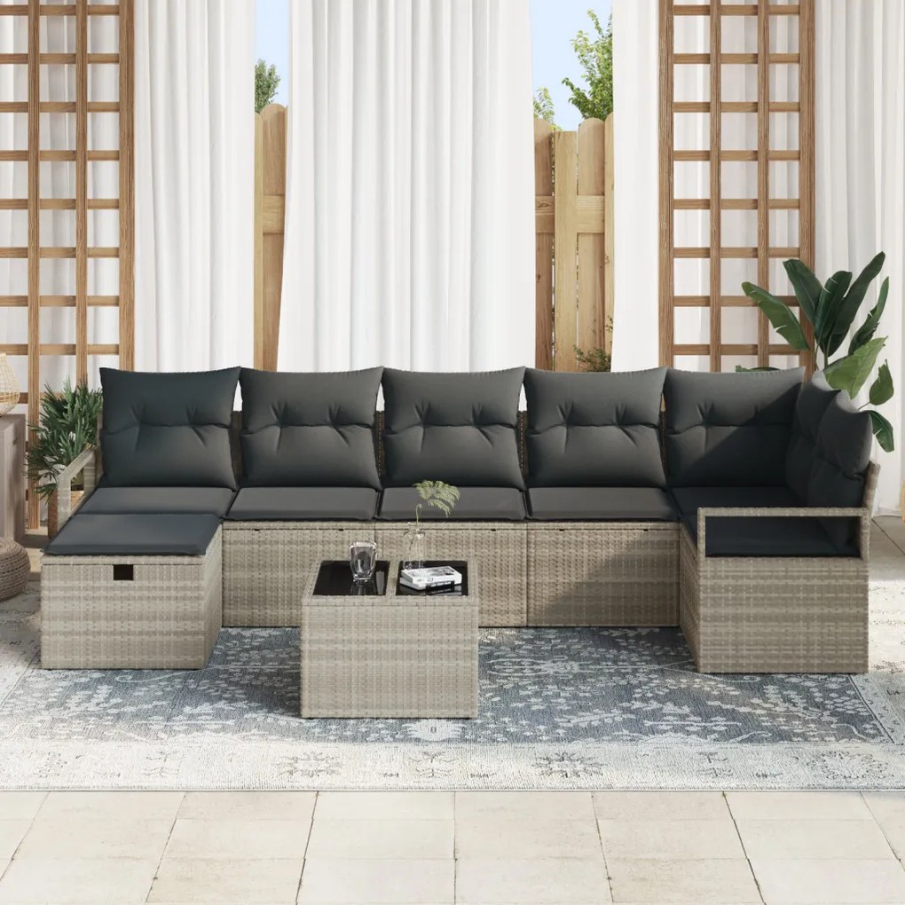 8 Darabos Kültéri Kanapészett Párnákkal Világosszürke Poli Rattan, 2-Fős Kerti Kanapé Párnákkal Szürke Poli Rattan