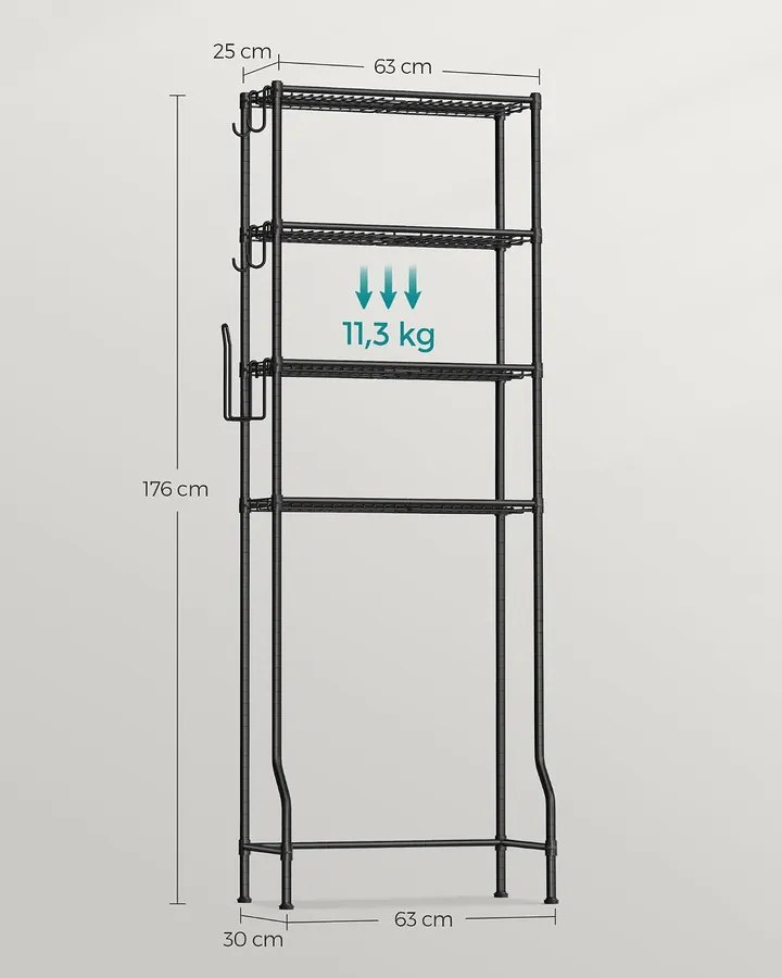 SONGMICS 4 Szintes WC feletti Állvány Akasztókkal és Toalettpapír-tartóval, 30 × 63 × 176 cm, Fekete
