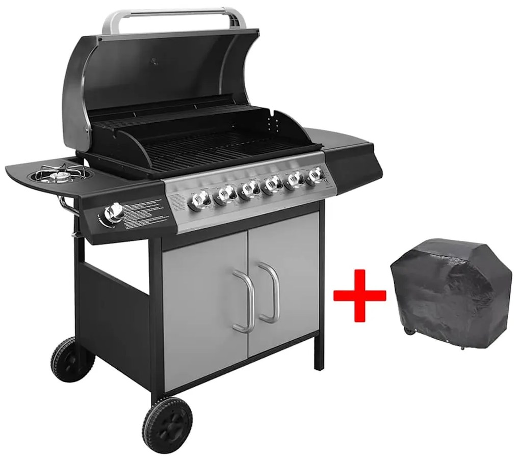 vidaXL fekete és ezüst gáz grillsütő 6+1 fűtőfelülettel