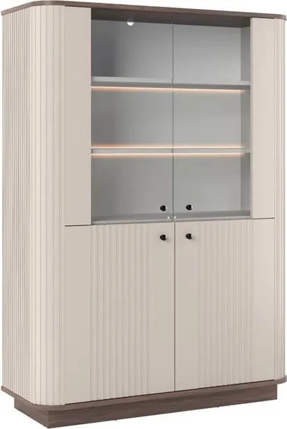 Vesper négyajtós vitrines szekrény 103 cm talapzaton - kasmír / dió / fekete fogantyúk