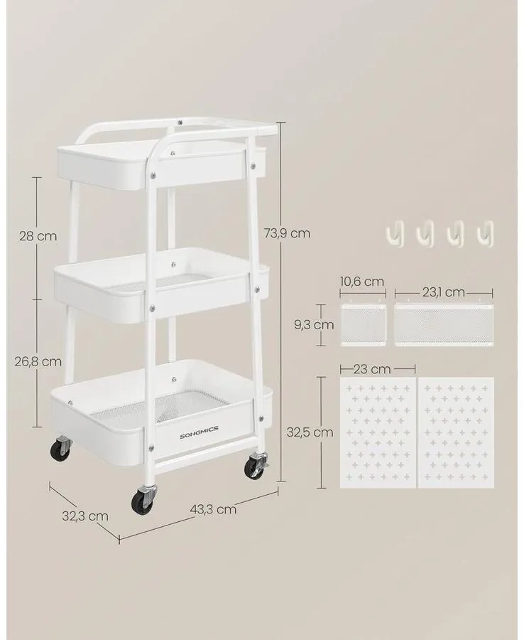 Tárolókocsi 3 fémhálós polccal fehér színben