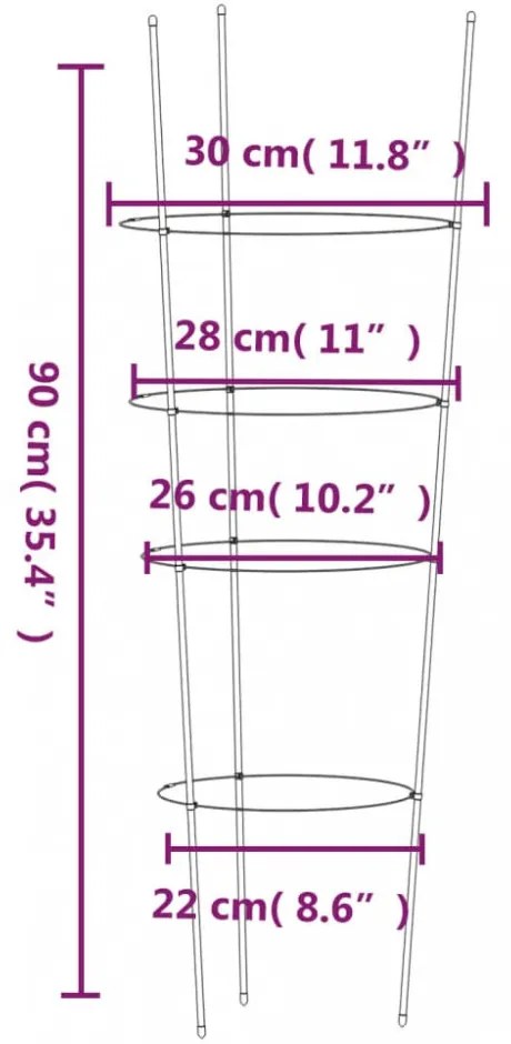 5 db zöld acél kerti növénytámasz 4 gyűrűvel 90 cm