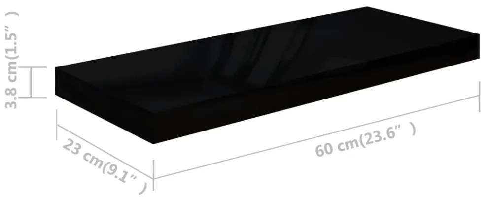 4 db magasfényű fekete MDF lebegő fali polc 60 x 23,5 x 3,8 cm