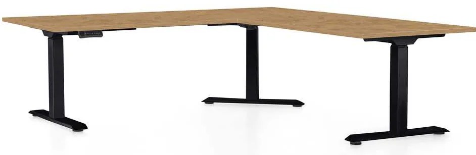 OfficeTech Angle állítható magasságú asztal, 180 x 200 cm, fekete alap, köves tölgy