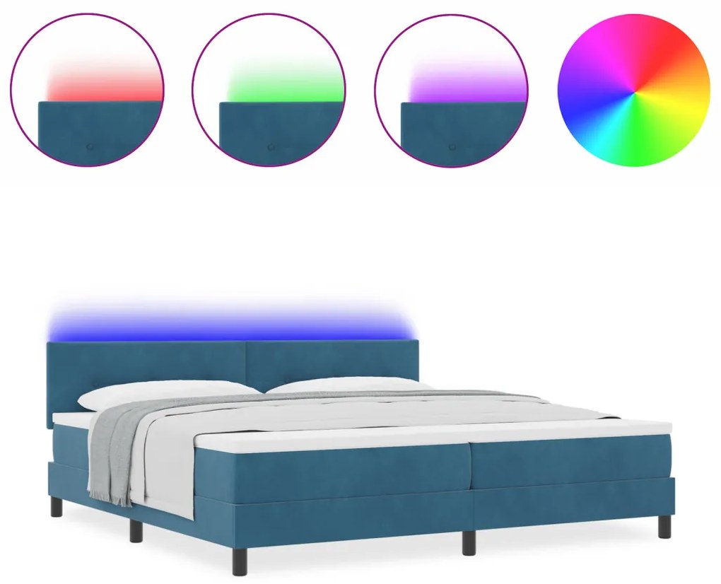 Boxspring Ágy Matrac & LED Sötét Kék 200x200 cm Bársony
