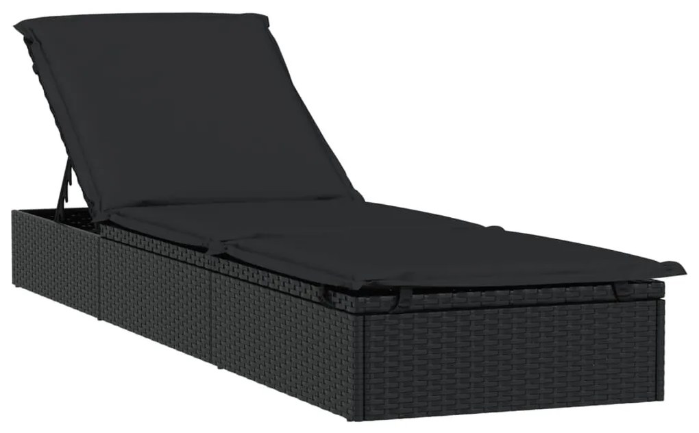 1 db fekete polyrattan napozóágy párnával 201 x 55 x 62 cm