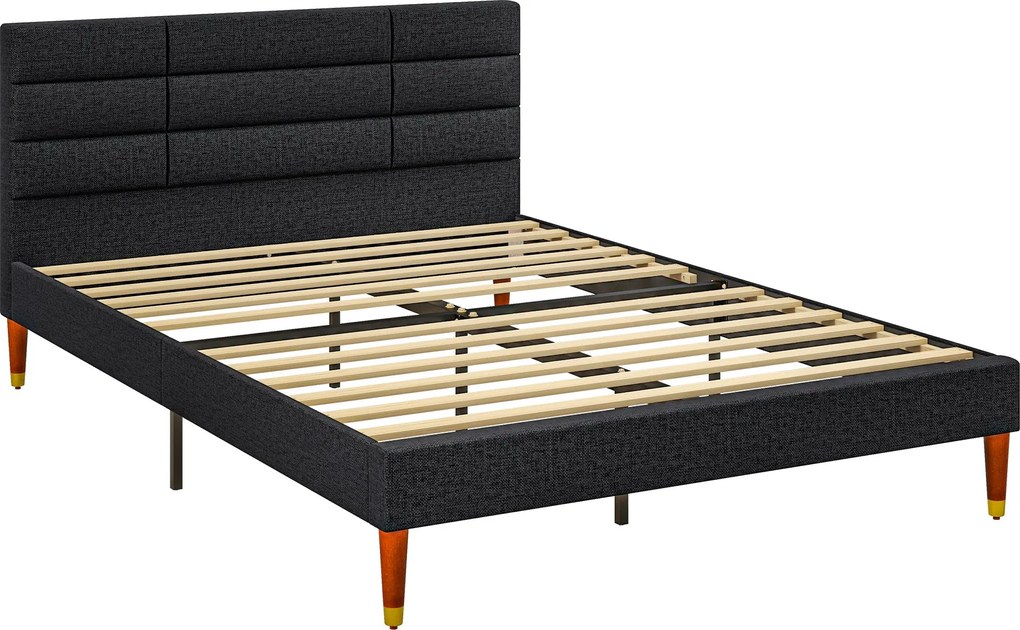 HOMCOM Kétszemélyes Ágykeret 140 x 200 cm - Magasság 17 cm, Rácsos Alap és Kárpitozott Fejtámla - Fa és Szövet, Fekete | Aosom