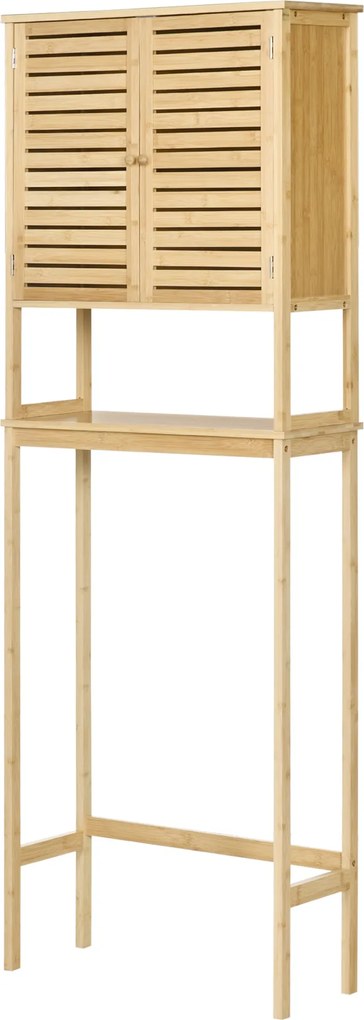 kleankin Bambusz W.C. feletti szekrény Magas fürdőszobai tároló szekrény 2 lamellás ajtóval 1 állítható polccal és 1 nyitott polccal 60x23x173 cm Term