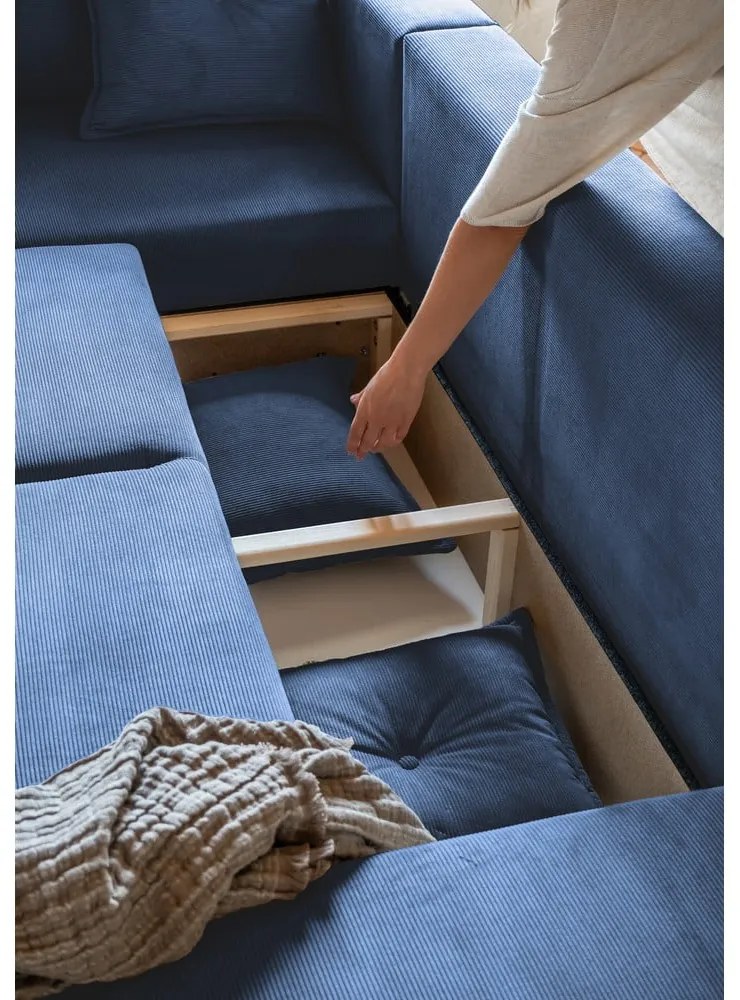 Sötétkék kordbársony kinyitható sarokkanapé (bal oldali-U alakú) Lazy Lukka – Miuform