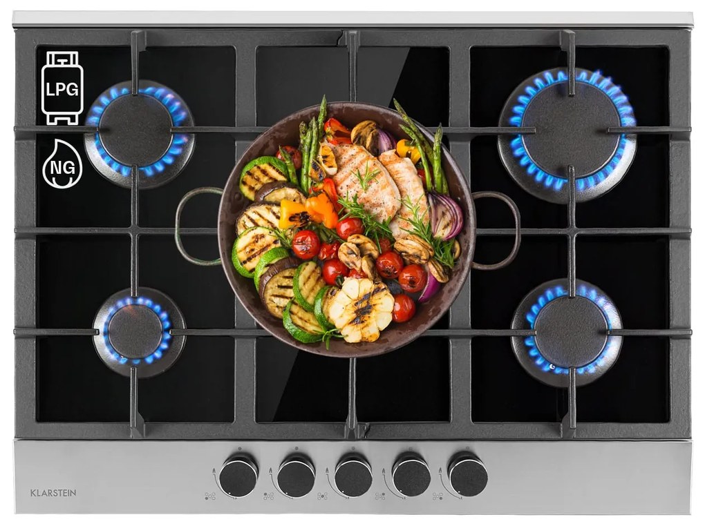 Klarstein Alchemist, gázfőzőlap, 5 alumínium égő, üvegkerámia, fekete