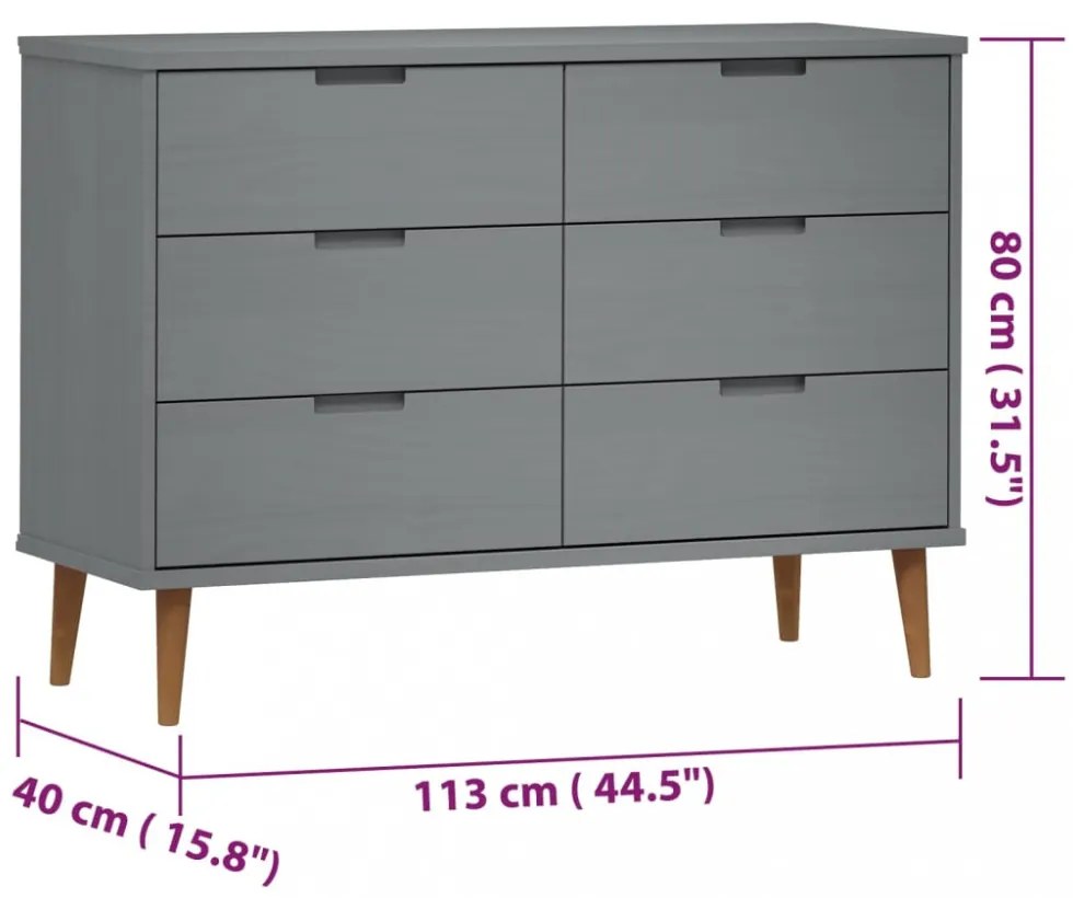 MOLDE szürke tömör fenyőfa fiókos szekrény 113 x 40 x 80 cm